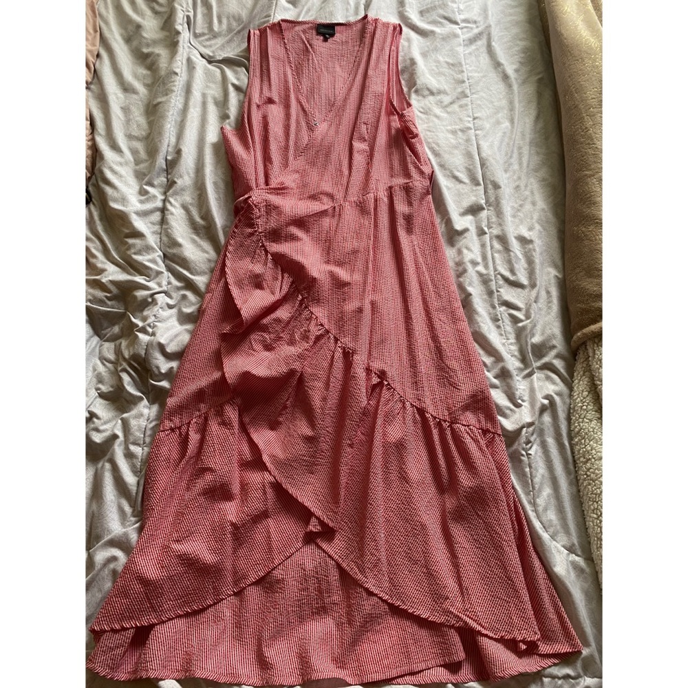 Hot Pink and White Striped Wrap Dress With Ruffles